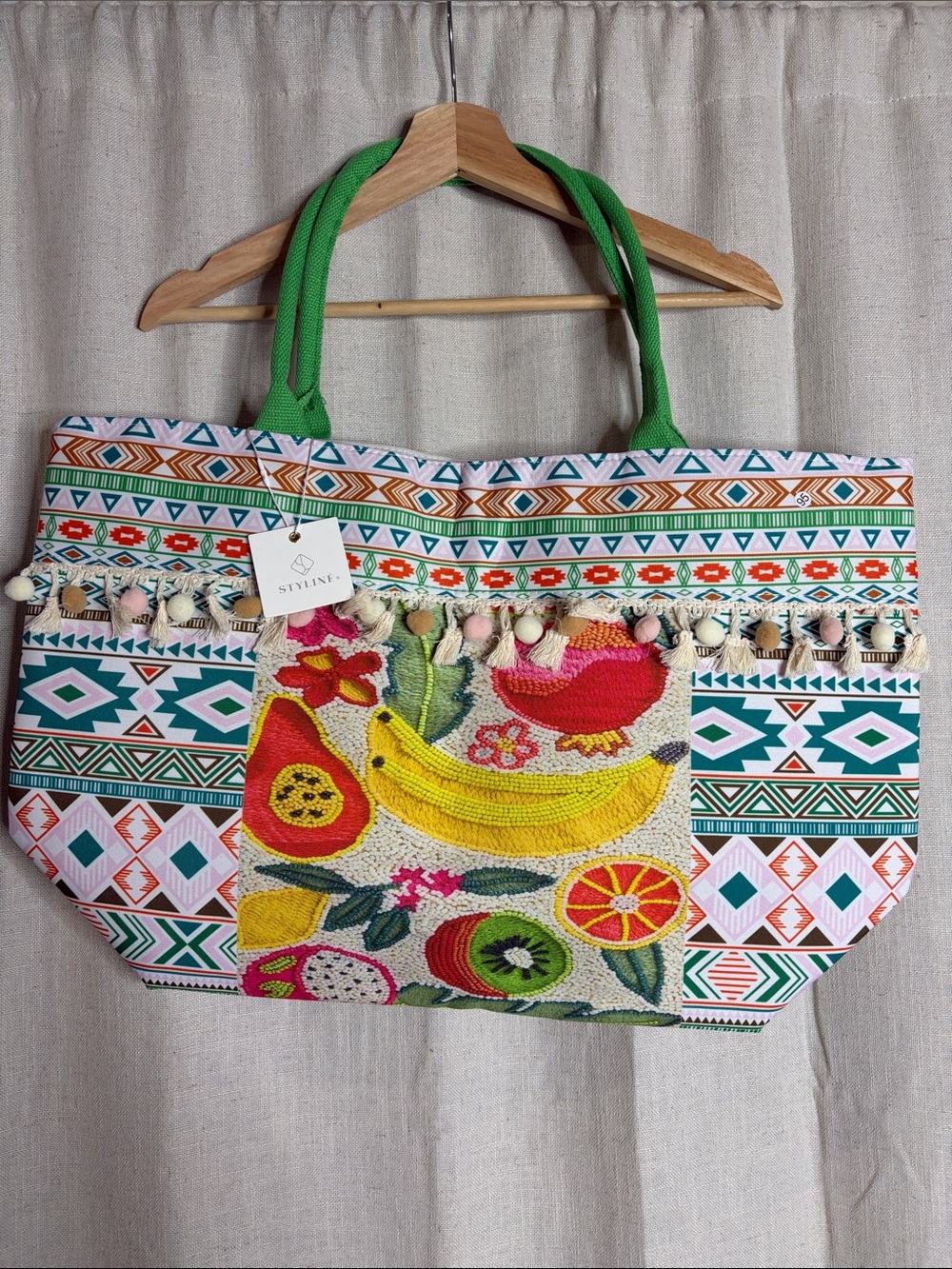Stylish Green-Handle Embroidered Fruit Tote Bag